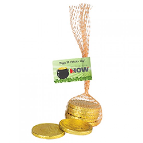 Custom Logo Leprechaun Loot Bags - Chocolate Gold Coins in Mesh Bag (5 pcs.)